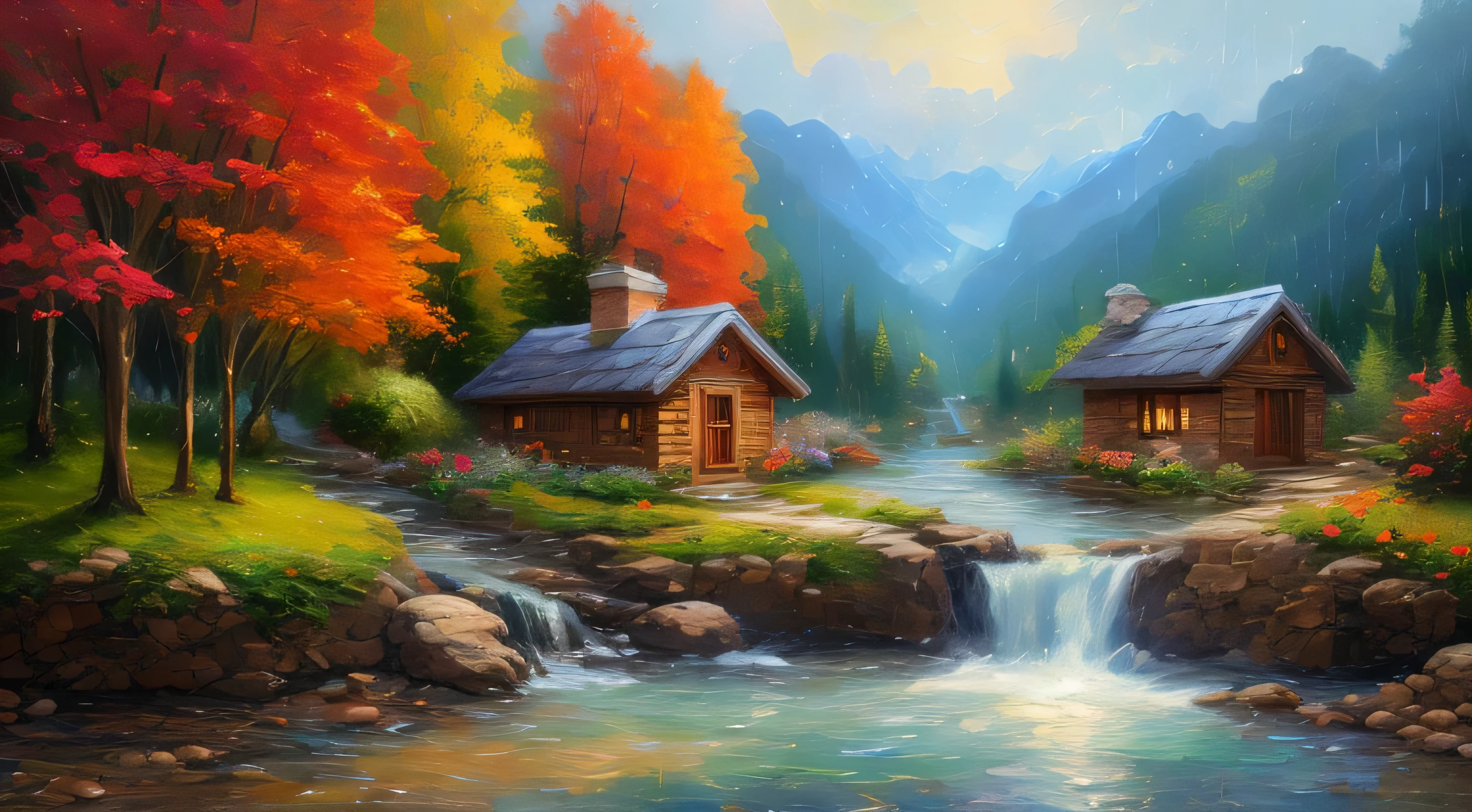 A picture of a hut by a mountain stream with a waterfall, 、rain、rain、rain、  4K Oil Painting, Beautiful Oil Painting Mat, Oil painting 4K, Oil painting 4K, cottage in the woods, Beautiful oil painting on canvas, Beautiful digital painting, smooth oil painting, Beautiful Art UHD 4K, 8k HD detailed oil painting, Oil Painting Digital Painting, Inspired by Thomas Kinkade.