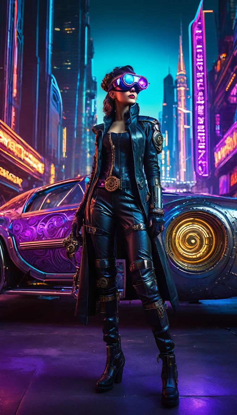 A girl in an atompunk city, wearing a futuristic outfit, with glowing neon lights reflecting on her metallic, high-tech goggles and visor. She is holding a vintage raygun in her hand and standing in front of a retro-futuristic vehicle. The cityscape is filled with towering skyscrapers adorned with art deco designs, and floating advertisements showcasing advanced technology. The streets are bustling with people wearing steampunk-inspired clothing, and there are airships soaring through the sky. The overall scene is bathed in a vibrant color palette, with a mix of cool blues and purples contrasting with the warm hues of the neon lights. The lighting is dramatic and dynamic, casting long shadows and emphasizing the futuristic elements in the scene. The image quality is (best quality, ultra-detailed, realistic:1.37), with sharp focus and vivid colors. The art style is a combination of steampunk and cyberpunk, with intricate details and a sense of technological advancement.