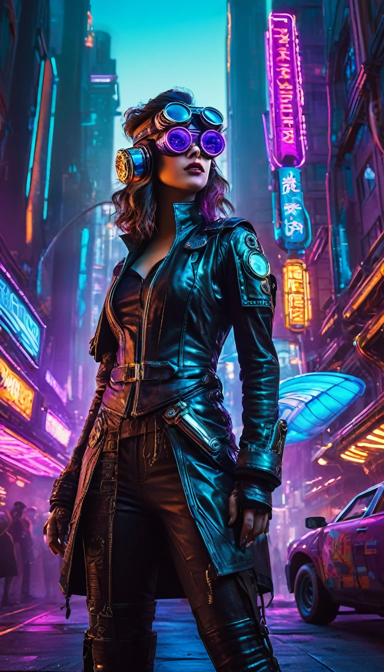 A girl in an atompunk city, wearing a futuristic outfit, with glowing neon lights reflecting on her metallic, high-tech goggles and visor. She is holding a vintage raygun in her hand and standing in front of a retro-futuristic vehicle. The cityscape is filled with towering skyscrapers adorned with art deco designs, and floating advertisements showcasing advanced technology. The streets are bustling with people wearing steampunk-inspired clothing, and there are airships soaring through the sky. The overall scene is bathed in a vibrant color palette, with a mix of cool blues and purples contrasting with the warm hues of the neon lights. The lighting is dramatic and dynamic, casting long shadows and emphasizing the futuristic elements in the scene. The image quality is (best quality, ultra-detailed, realistic:1.37), with sharp focus and vivid colors. The art style is a combination of steampunk and cyberpunk, with intricate details and a sense of technological advancement.