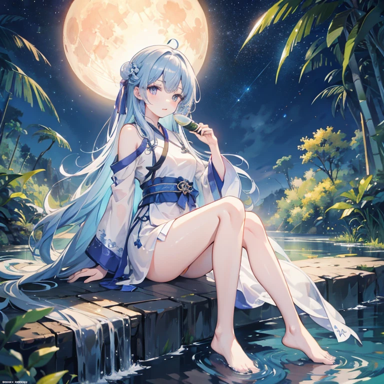 wallpaper, highly detailed, illustration, 1 girl, Azure hair, long hair, detailed eyes, full body, forest, bare shoulders, hanfu, lakes, pure, soft smile, bamboo, Tea, drinking tea, night time, starry sky, full moon, short hem
