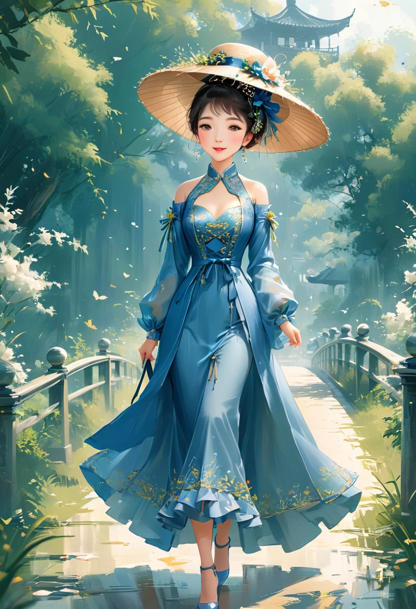 1girl, Cai GuoRUN's illustration style, Flat illustration style，Asian women in blue dress，With grass and hat，Walk elegantly on the Rococo-style bridge，full-body shot，Soft Light，Symmetrical composition，Romantic shades，Telephoto lens，Elegant action，Confident smile, 1cgrssh1