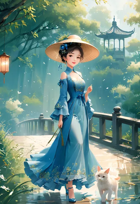 1girl, cai guorun's illustration style, flat illustration style，asian women in blue dress，with grass and hat，walk elegantly on t...