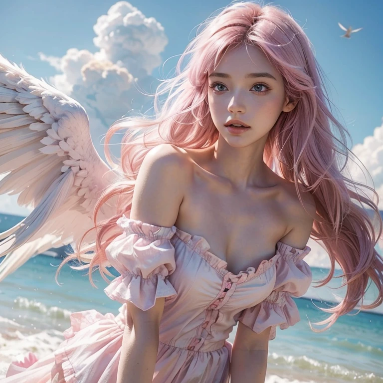 ライトピンクの髪, ピンクの目, ピンクと白,  鮮やかな色彩, ペイントの飛沫, ウェーブのかかったロングヘア,天使, たくさんの羽が舞い、広背筋の大きな翼、雲の上 ,最高品質, 傑作, 超高解像度, (現実的:1.4), RAW写真, 一人の少女, オフショルダー, 控えめ, 