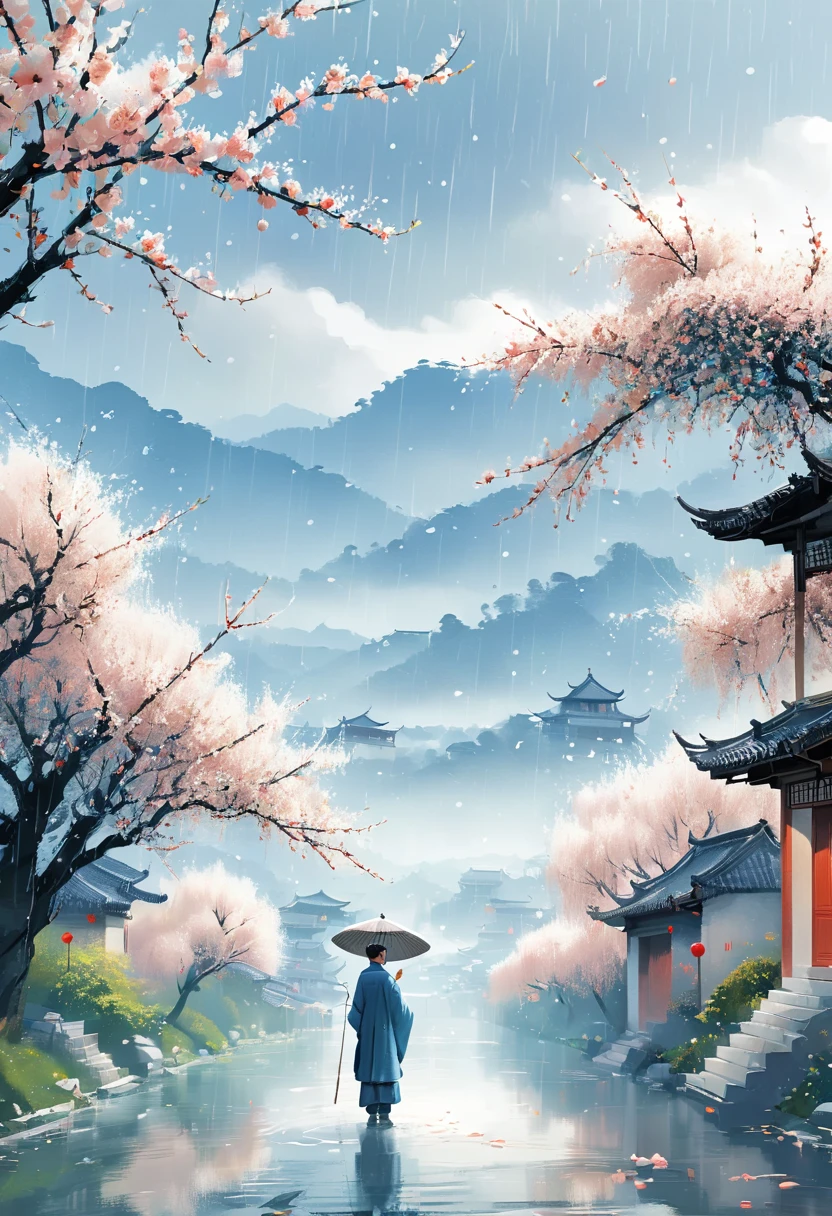 Cai GuoRUN's illustration style, Rainy Qingming season, Under a willow tree, A shepherd boy, amidst the rain, points into the distance, indicating the direction to Apricot Blossom Village, spring is full of freshness, rich details, spring scene, flat design, soft colors, vibrant tones, Chinese traditional painting elements, photorealistic, Minimal composition, High saturation and high contrast,rich light and shadow details, sharp contrast and clean lines, 1cgrssh1