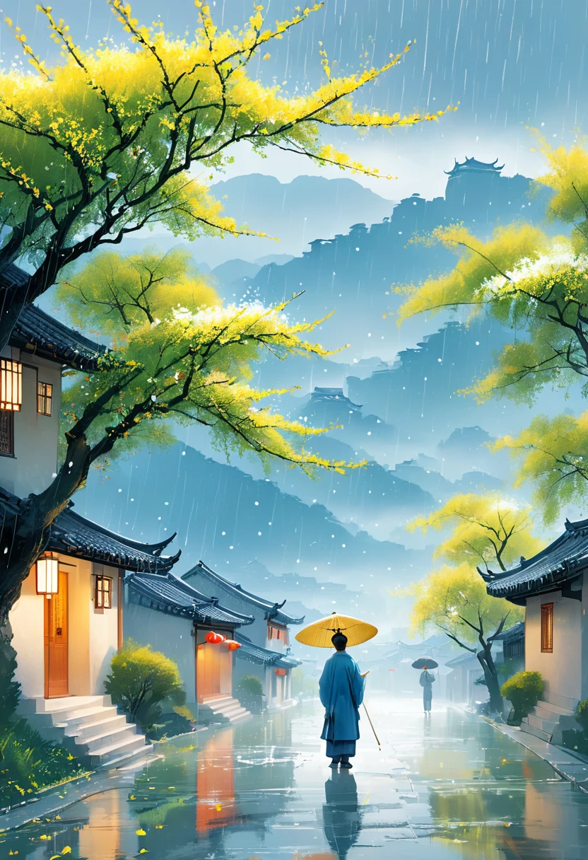 Cai GuoRUN's illustration style, Rainy Qingming season, Under a willow tree, A shepherd boy, amidst the rain, points into the distance, indicating the direction to Apricot Blossom Village, spring is full of freshness, rich details, spring scene, flat design, soft colors, vibrant tones, Chinese traditional painting elements, photorealistic, Minimal composition, High saturation and high contrast,rich light and shadow details, sharp contrast and clean lines, 1cgrssh1