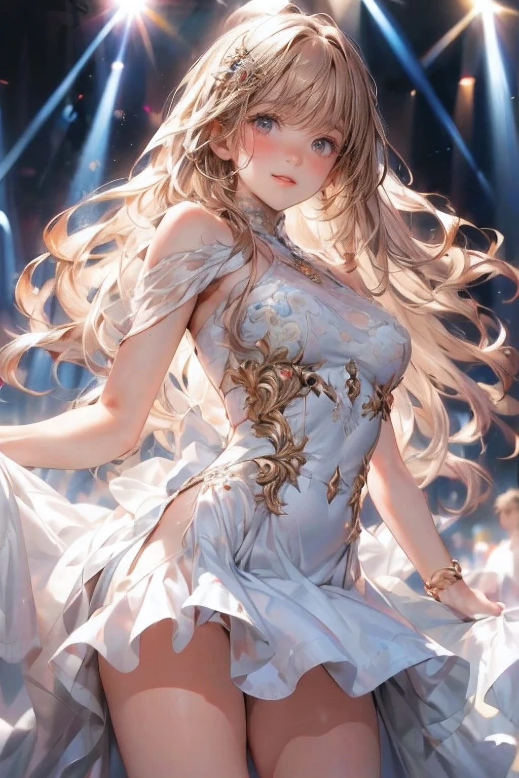 masterpiece:1.2, highest quality, 16k, highres, ultra-realistic, photorealistic:1.37, beautiful detailed:1.2, cute girl, standing in Fashion show, fashion model Striking a pose while standing elegantly on the runway, beautiful delicate artistic avant-garde revealing dress, gently smile, beautiful delicate(hair, face, long eyelash, eyes, pupils, lips, knee, anklet, dress), sparkling eyes, shining rosy lips, blushed cheek, through bangs,