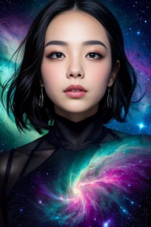 The vague art of (Mysterious:1.2) cosmic goddess dissolving into nebula, colorful, Blurred Texture, nebula, Beautiful female face composed entirely of clouds, View your viewers, space