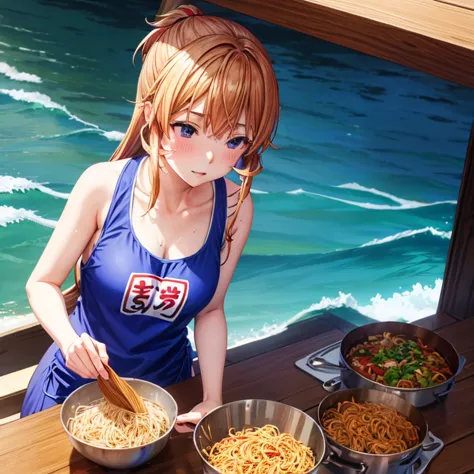 Girls making yakisoba at the beach house　Swimsuit and apron
