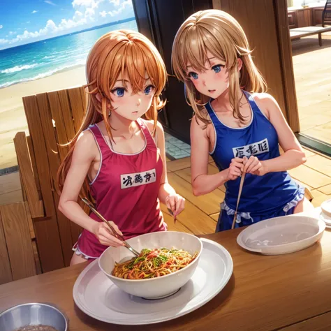 Girls making yakisoba at the beach house　Swimsuit and apron