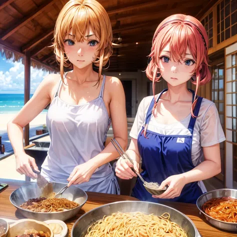 Girls making yakisoba at the beach house　Swimsuit and apron