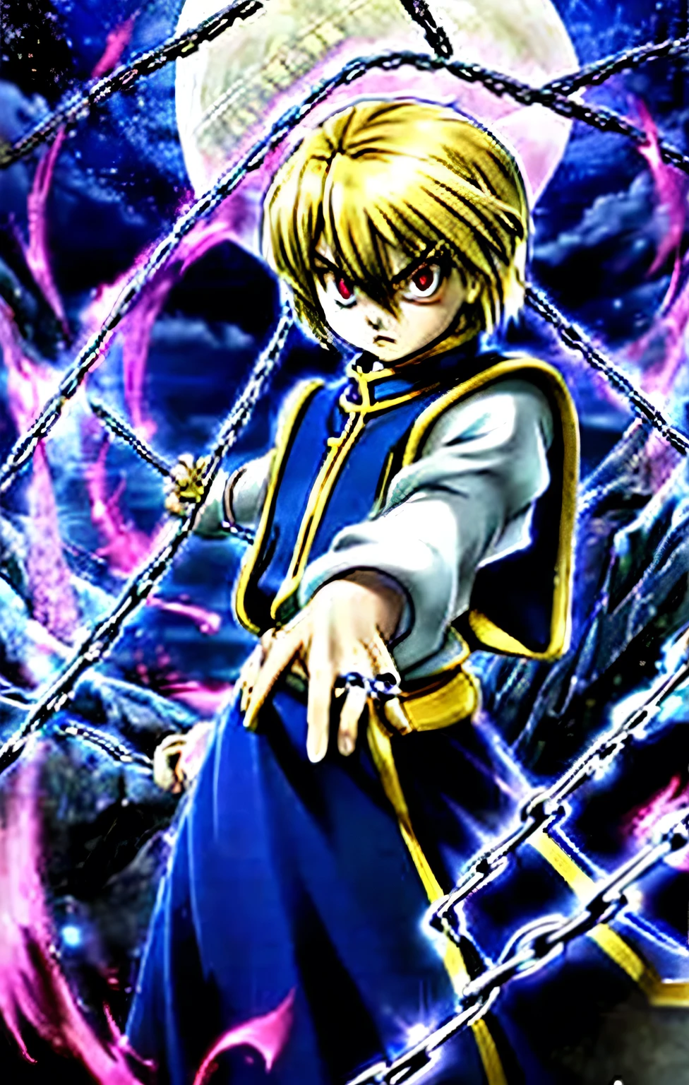 Kurapika masterpiece,best quality,blue tabard, white shirt, gold trim, chains flying, red eyes, looking at viewer, action scene, dynamic pose, angry, moon, skynight,  rock cliff, tall silhouette in the background