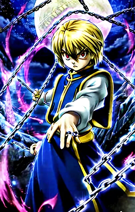 kurapika masterpiece,best quality,blue tabard, white shirt, gold trim, chains flying, red eyes, looking at viewer, action scene,...