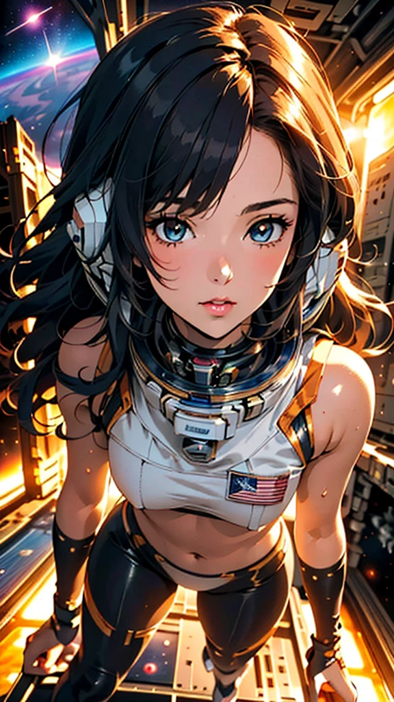 (最好的品質, 傑作, 豐富多彩的, 動態角度, highest 詳細的) fashion photography of cute astronaut girl with long iridiscent 豐富多彩的 hair, 在太空 (錯綜複雜的細節, hyper詳細的:1.15), 詳細的, 陽光透過頭髮, (美麗的銀河背景), (官方太空藝術, extreme 詳細的, highest 詳細的), 高動態範圍+