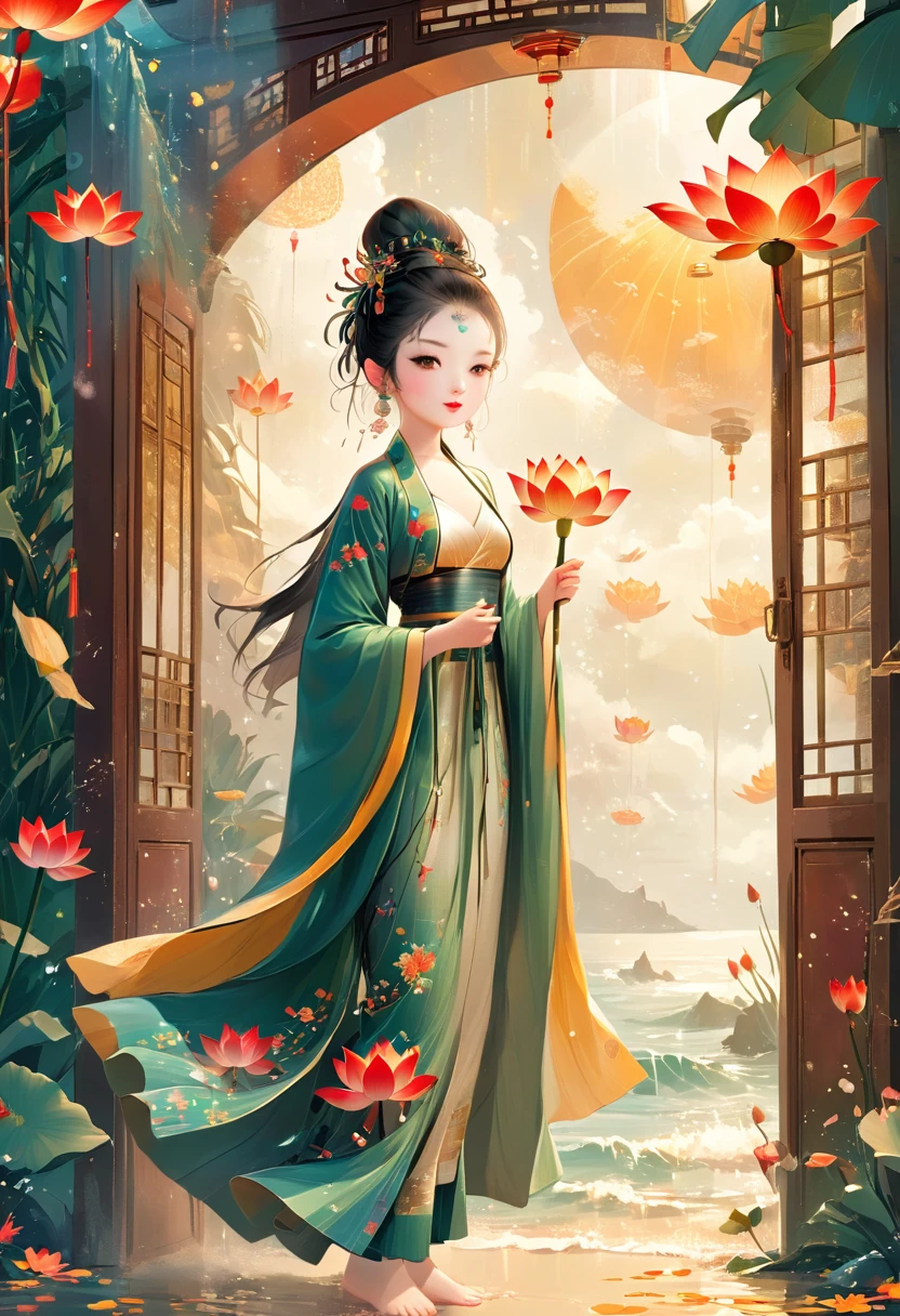 1girl, Flat illustration style, showing the characteristics of beach New Year pictures. Pattern shuttle, lotus stand. The door god, the fairy gathered, the image is bright. Rich colors, exquisite details. Flashing light and shadow, expressing struggle and hope, 1cgrssh1