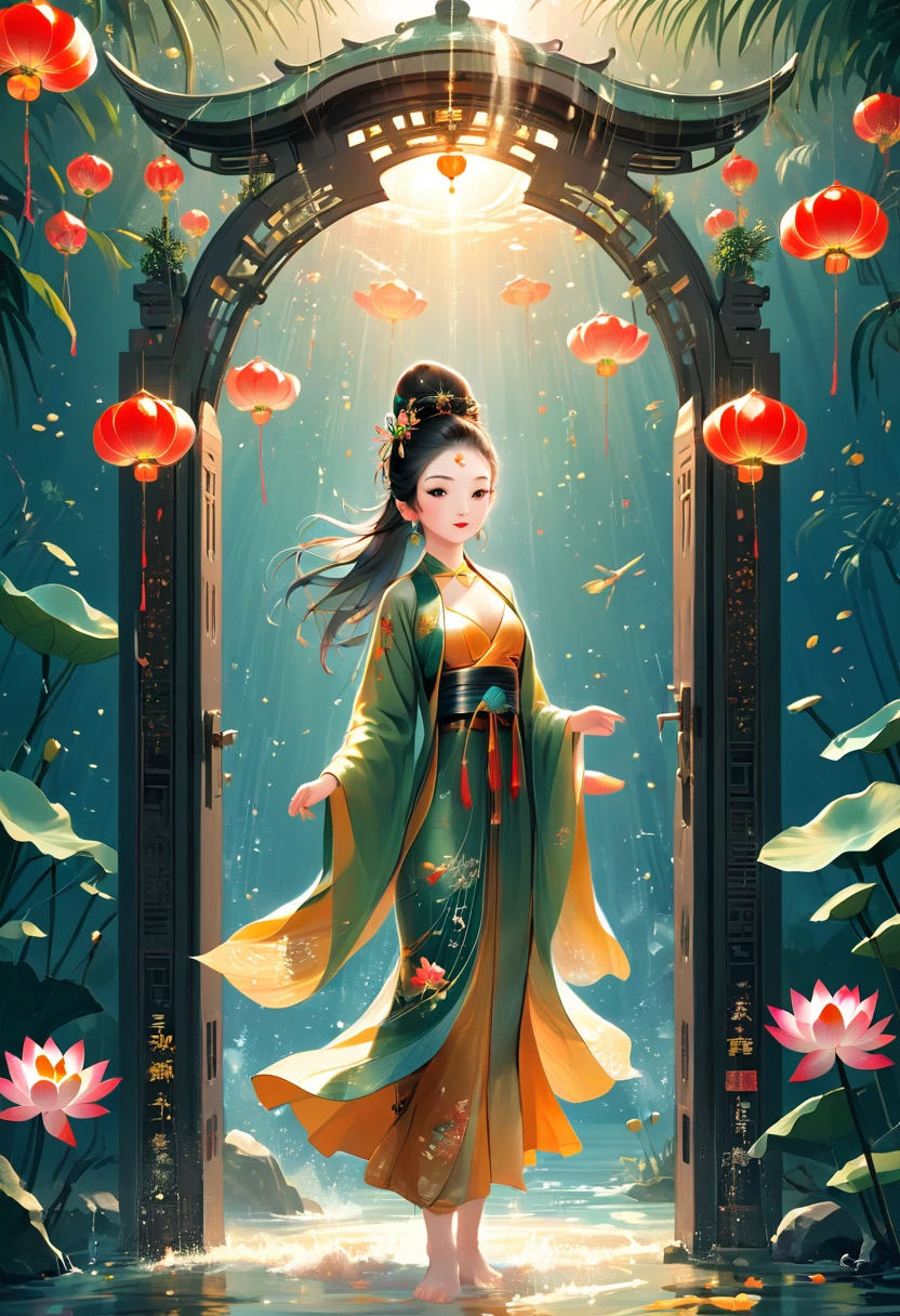 1girl, Flat illustration style, showing the characteristics of beach New Year pictures. Pattern shuttle, lotus stand. The door god, the fairy gathered, the image is bright. Rich colors, exquisite details. Flashing light and shadow, expressing struggle and hope, 1cgrssh1