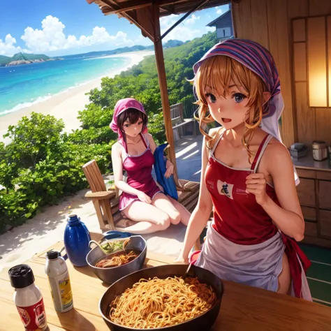 Girls with towels wrapped around their heads making yakisoba at a beach hut　Swimsuit and apron