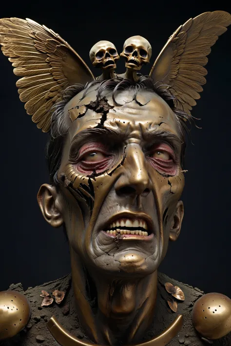 (detailed deformed face,terrifying figure,rotted wings,decaying body,horrible stench putrid,broken bronze sarcophagus,gruesome f...