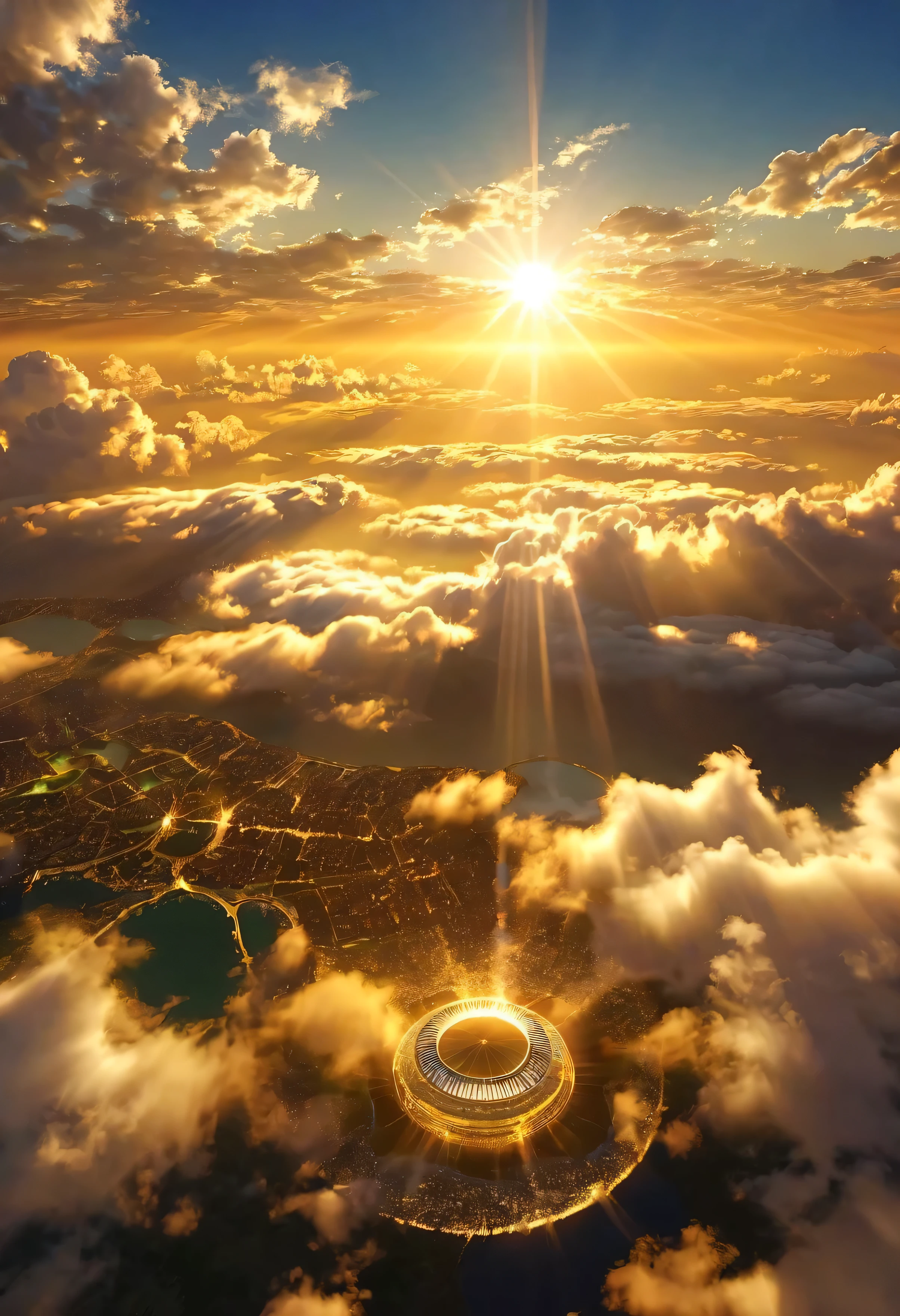 A mystical city rising into the sky、Digital Art, The clouds clear and the shining sun appears, On Ascension Day，Golden Sun、Cities in the sky、god々Utopia of、There is one relic。A world where everything is gold、