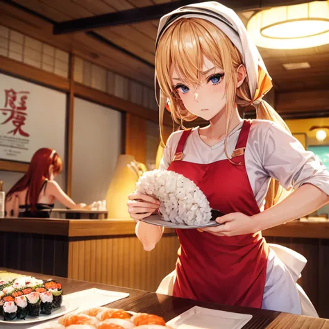 A blonde woman with a towel around her head holding sushi in a sushi restaurant　Wearing an apron