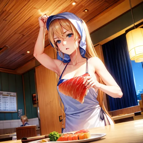 A blonde woman with a towel around her head holding sushi in a sushi restaurant　Wearing an apron