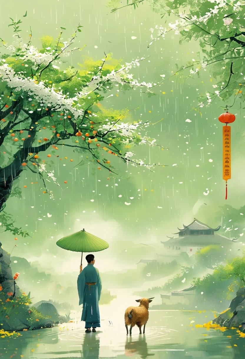 Cai GuoRUN's illustration style, Rainy Qingming season, Under a willow tree, A shepherd boy, amidst the rain, points into the distance, indicating the direction to Apricot Blossom Village, spring is full of freshness, rich details, spring scene, flat design, soft colors, vibrant tones, Chinese traditional painting elements, photorealistic, Minimal composition, High saturation and high contrast,rich light and shadow details, sharp contrast and clean lines, 1cgrssh1