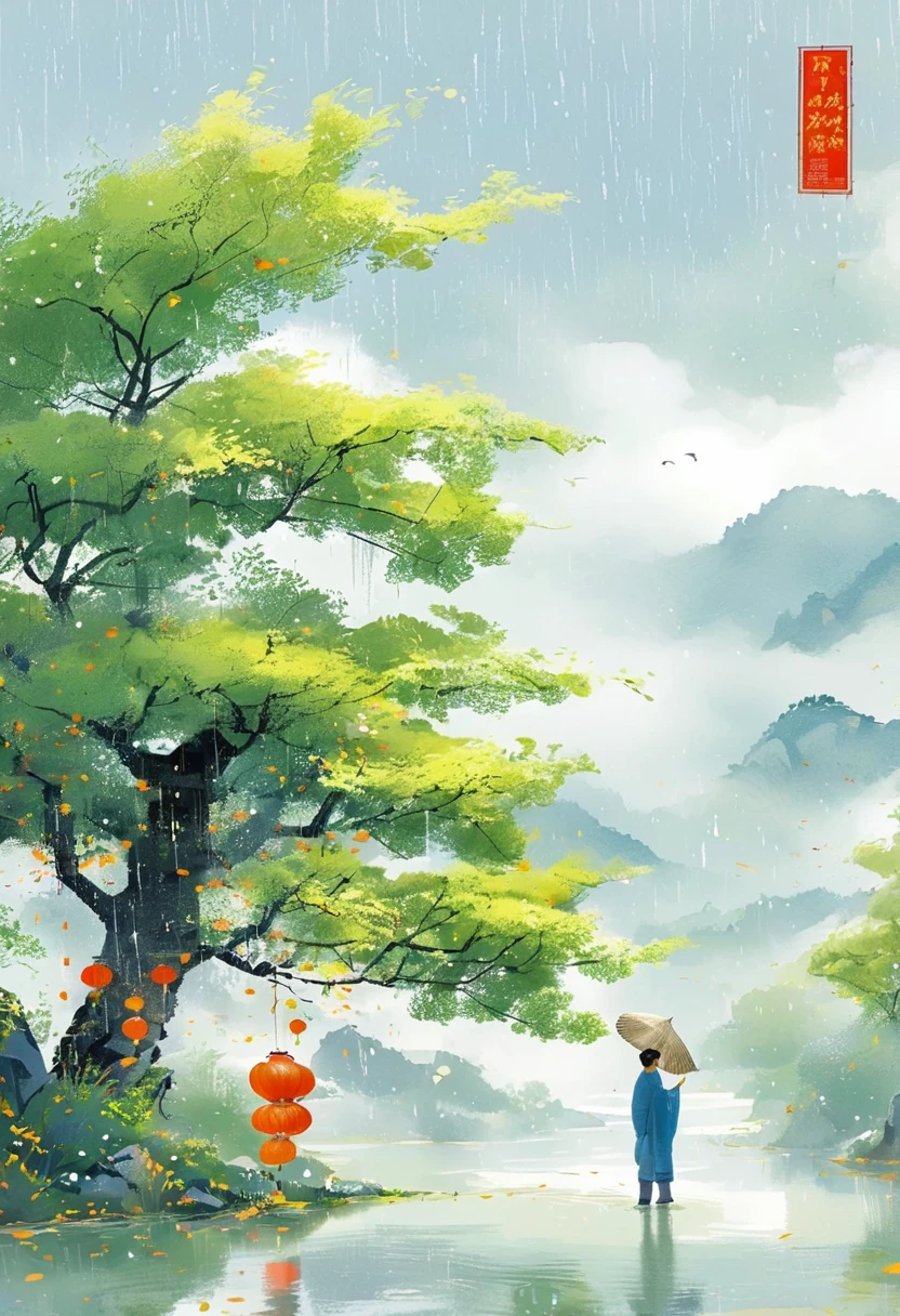 Cai GuoRUN's illustration style, Rainy Qingming season, Under a willow tree, A shepherd boy, amidst the rain, points into the distance, indicating the direction to Apricot Blossom Village, spring is full of freshness, rich details, spring scene, flat design, soft colors, vibrant tones, Chinese traditional painting elements, photorealistic, Minimal composition, High saturation and high contrast,rich light and shadow details, sharp contrast and clean lines, 1cgrssh1