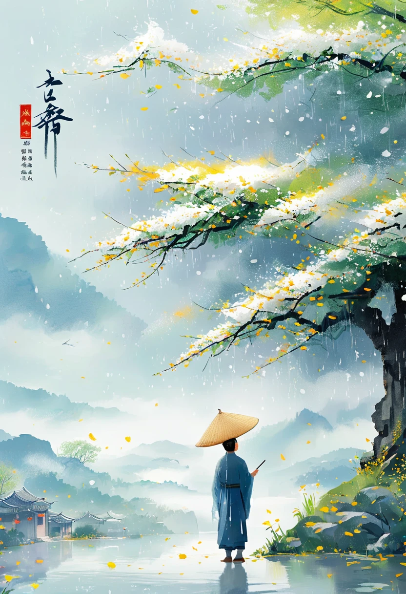 Cai GuoRUN's illustration style, Rainy Qingming season, Under a willow tree, A shepherd boy, amidst the rain, points into the distance, indicating the direction to Apricot Blossom Village, spring is full of freshness, rich details, spring scene, flat design, soft colors, vibrant tones, Chinese traditional painting elements, photorealistic, Minimal composition, High saturation and high contrast,rich light and shadow details, sharp contrast and clean lines, 1cgrssh1