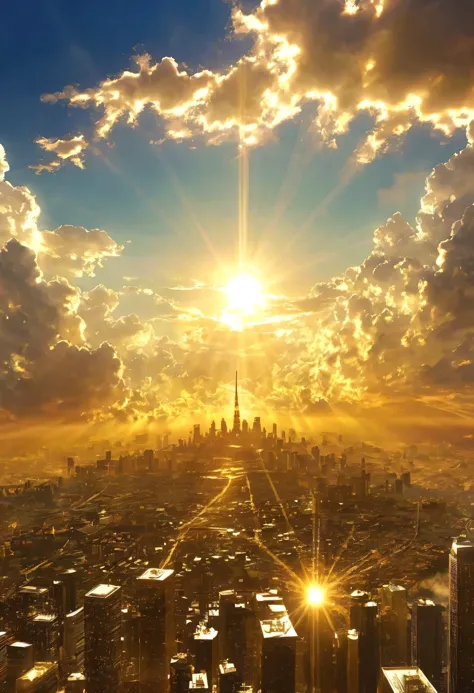 A mystical city rising into the sky、Digital Art, The clouds clear and the shining sun appears, On Ascension Day，Golden Sun、Citie...