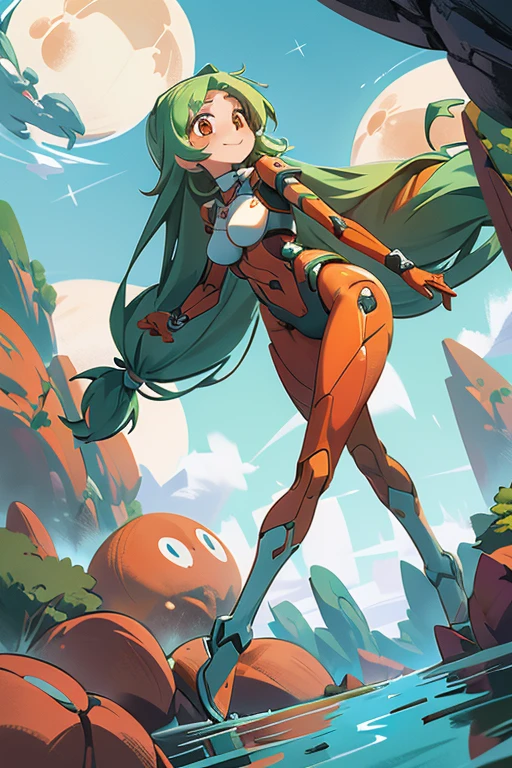 ecchi sci-fi anime, full body, dynamic view, medium far angle, low angle, masterpiece, HD quality, athletic body, very long aqua hair, orange eyes, gentle look big breasts, perfect ass, battle tech suit , red green and white, cheeky smile, exploring a rocky beach on an alien planet with two moons in the sky,