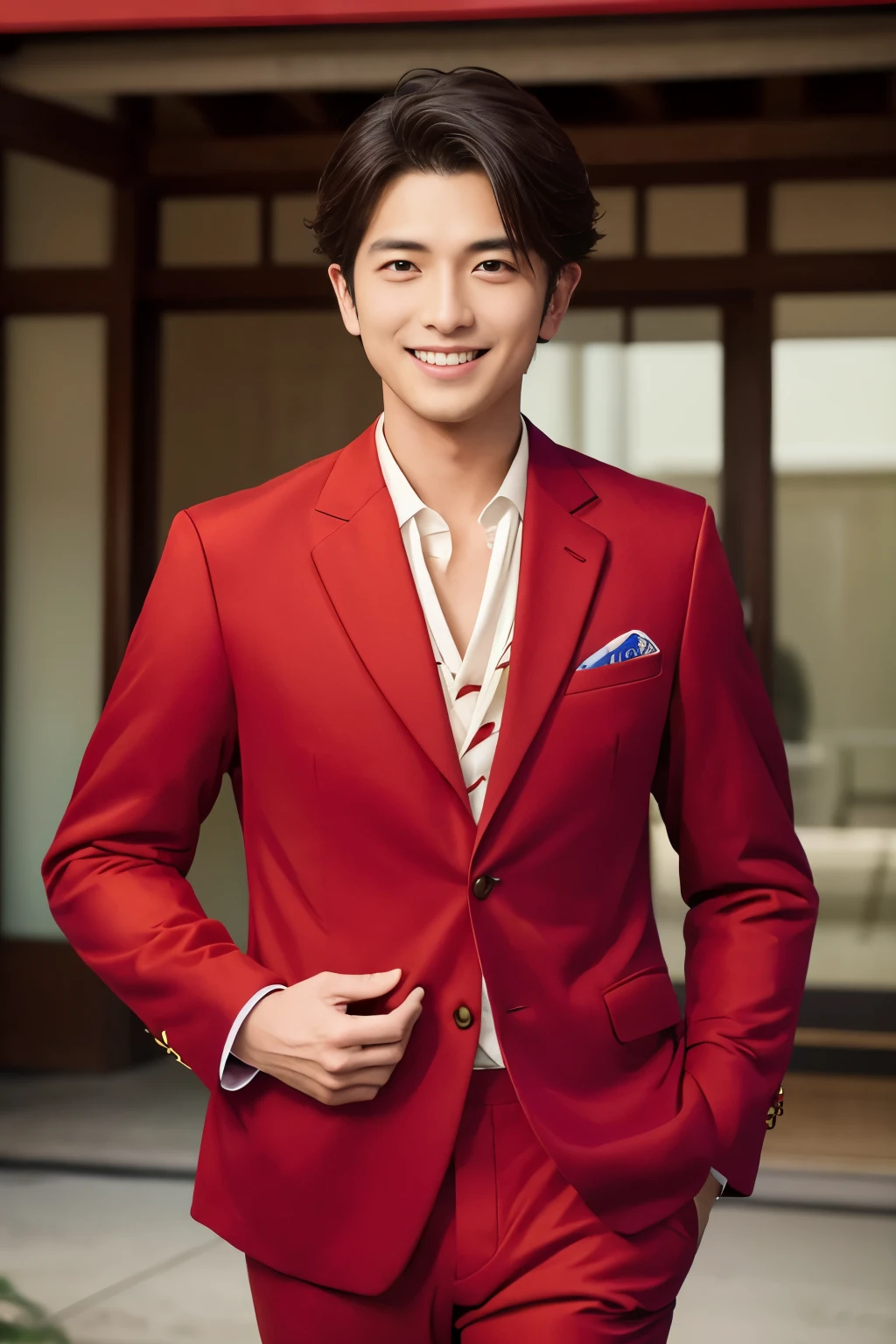 (highest quality、Best image quality、超A high resolution)、Japanese、Handsome man、30 years old、Happy young Japanese businessman president、Very attractive businessman, (((Red suit:1.5)))、masterpiece、Photo realistic、The background is blurred、Big smile、Latest stylish suits 、Medium Hair、Super cool、Twink、Soft skin and a nice perfect face、8k、Surreal、