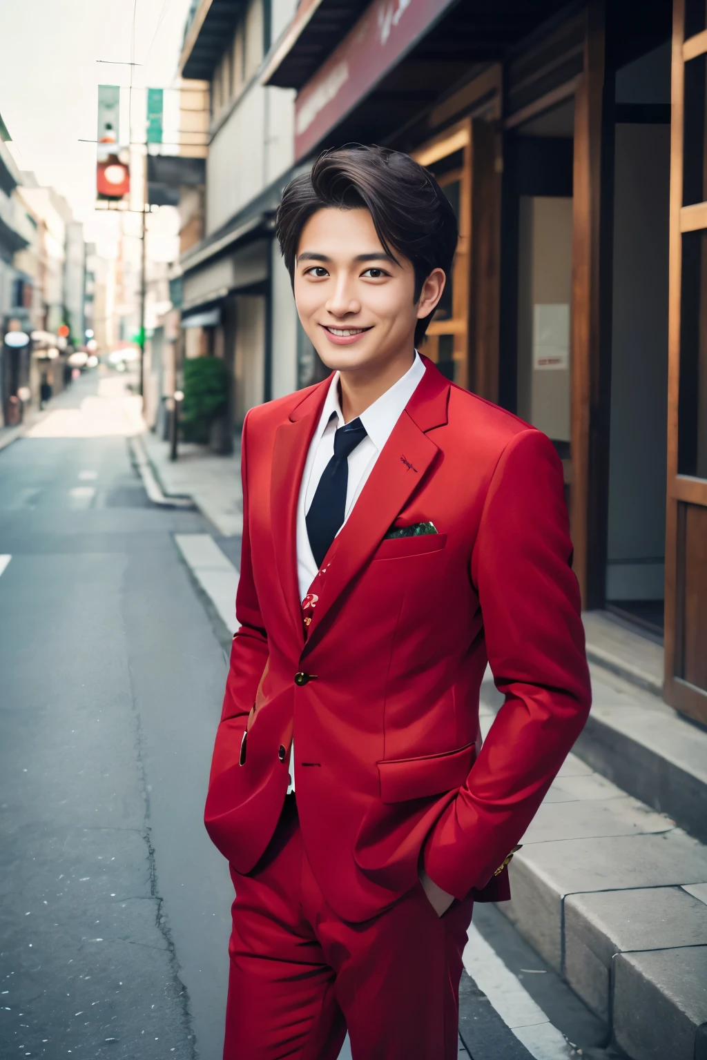 (highest quality、Best image quality、超A high resolution)、Japanese、Handsome man、30 years old、Happy young Japanese businessman president、Very attractive businessman, (((Red suit:1.5)))、masterpiece、Photo realistic、The background is blurred、Big smile、Latest stylish suits 、Medium Hair、Super cool、Twink、Soft skin and a nice perfect face、8k、Surreal、