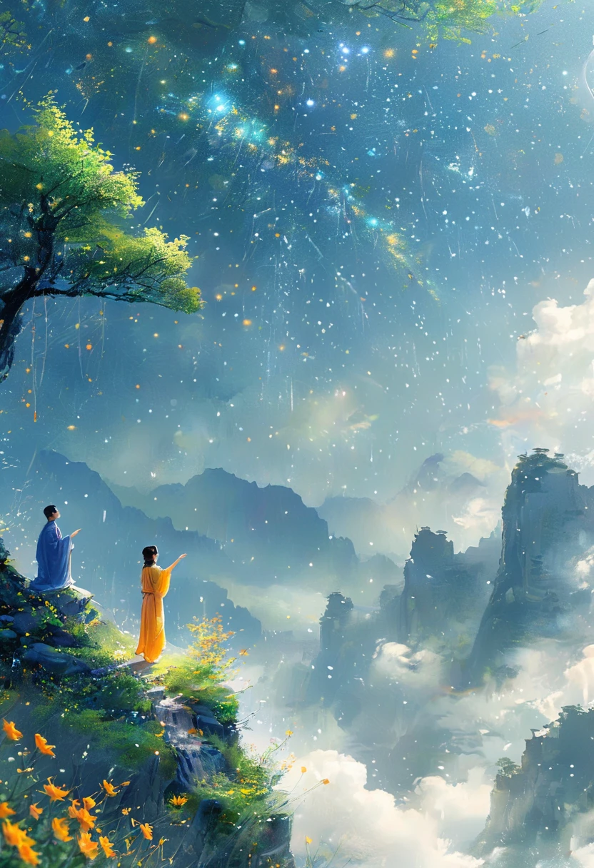 Cai GuoRUN's illustration style, 1girl，A woman in a long skirt stands on a cliff and looks up at the starry sky，Goddess of space，Milky Way Goddess，Goddess of Heaven，Astral Ethereal，dream，Beautiful celestial wizard，Beautiful fantasy painting，Beautiful fantasy art，Ethereal fantasy，非常Beautiful fantasy art，Digital Art Fantasy，enchanting and otherworldly，Fantasy Beauty，Beautiful art rendered in Ultra HD 4K by Octane，Volumetric Light，Natural soft light，(Ultra-delicate:1.2，Loss of focus:1.2，Colorful，Movie Lighting，Chiaroscuro，Ray Tracing)，masterpiece，Super rich，Ultra Detailed，8k, 1cgrssh1