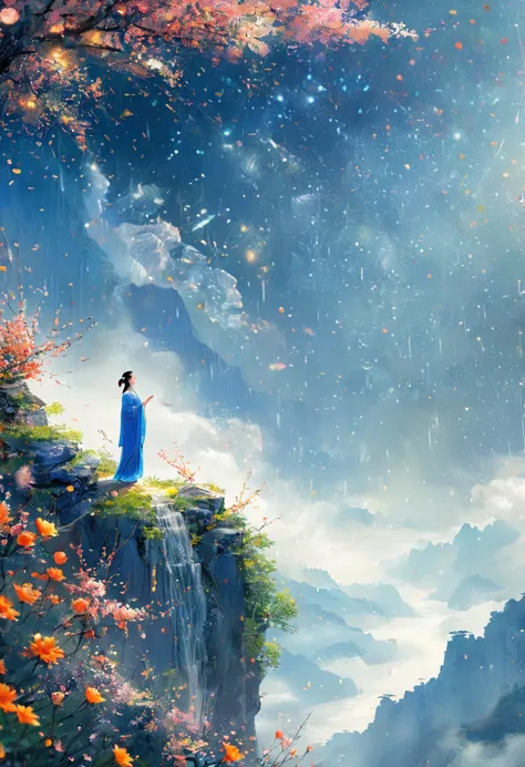 Cai GuoRUN's illustration style, 1girl，A woman in a long skirt stands on a cliff and looks up at the starry sky，Goddess of space...