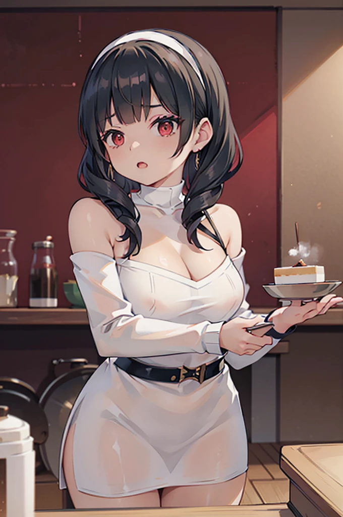 masterpiece, yor, 1girl, Amazing Cleavage:1.3, thin waist, big ass, Raised sexy, medium breast: 1.8 posed cleavage:1.2、solo, looking at viewer, open mouth, have a cup of coffee,black hair, red eyes, dress, bare shoulders, jewelry, collarbone, sidelocks, hairband, earrings, indoors, off shoulder, :o, sweater, arms behind back, plant, short hair with long locks, white hairband, off-shoulder dress, sweater dress, off-shoulder sweater, red sweater, big side hair, very long side hair,is rendered in (masterpiece: 1.2, best quality), with (ultra high resolution) and an exquisite (depth of field). This masterpiece is not only visually stunning but also tells, make of cake cooking ,in the kitchen