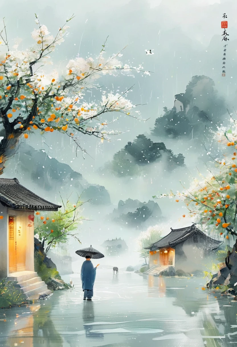 Le style d&#39;illustration de Cai GuoRUN, Saison pluvieuse de Qingming, Sous un saule, Un garçon berger, au milieu de la pluie, pointe au loin, indiquant la direction vers Apricot Blossom Village, le printemps est plein de fraîcheur, détails riches, scène de printemps, Conception plate, couleurs douces, tons vibrants, Éléments de peinture traditionnelle chinoise, Photoréaliste, composition minimale, Saturation élevée et contraste élevé,Détails riches en lumière et en ombre, contraste net et lignes épurées, 1cgrssh1