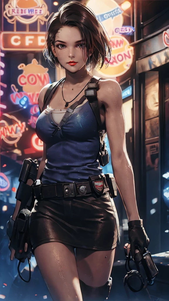 beautiful girl, 18 years old, medium breasts,wet, camel toe, red lips ,
Blue strapless shirt, black short skirt, sexy pose,
Resident evil, Jill Valentine,