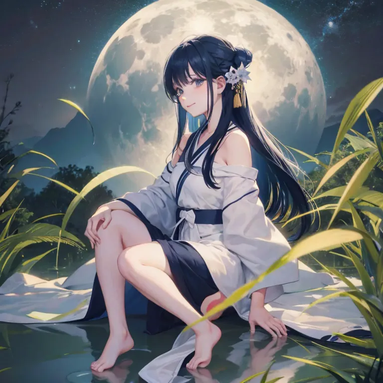 wallpaper, very detailed, figure, 1 girl, blue hair, long hair, fine grain, forest, exposing shoulders, hanfu, lake, pure, a kin...