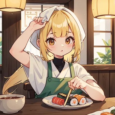 a blonde woman with a towel around her head holding sushi in a sushi restaurant　wearing an apron