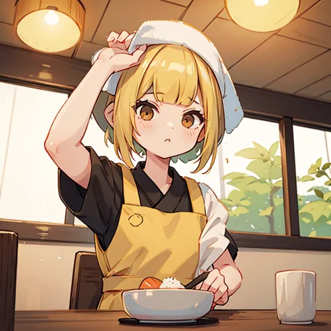 A blonde woman with a towel around her head holding sushi in a sushi restaurant　Wearing an apron