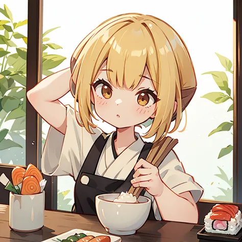 A blonde woman with a towel around her head holding sushi in a sushi restaurant　Wearing an apron