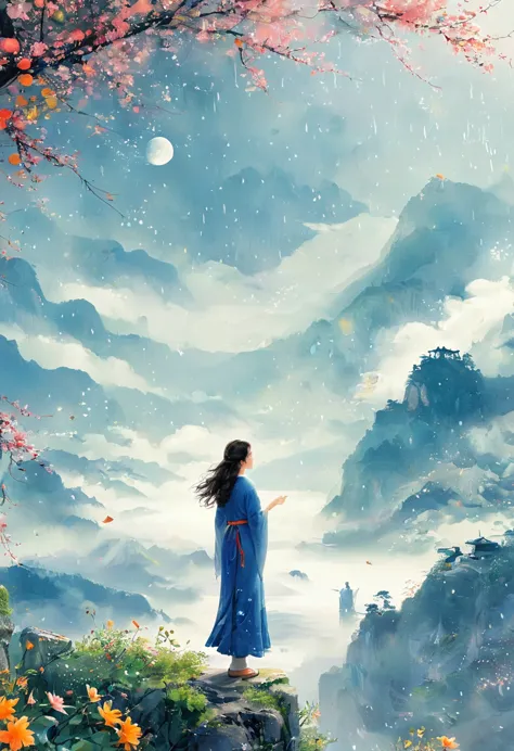 cai guorun's illustration style, 1girl，a woman in a long skirt stands on a cliff and looks up at the starry sky，goddess of space...