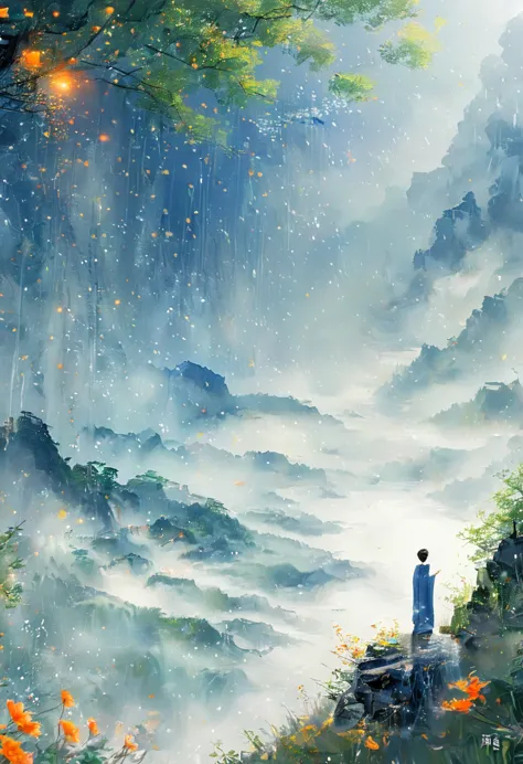 Cai GuoRUN's illustration style, 1girl，A woman in a long skirt stands on a cliff and looks up at the starry sky，Goddess of space...