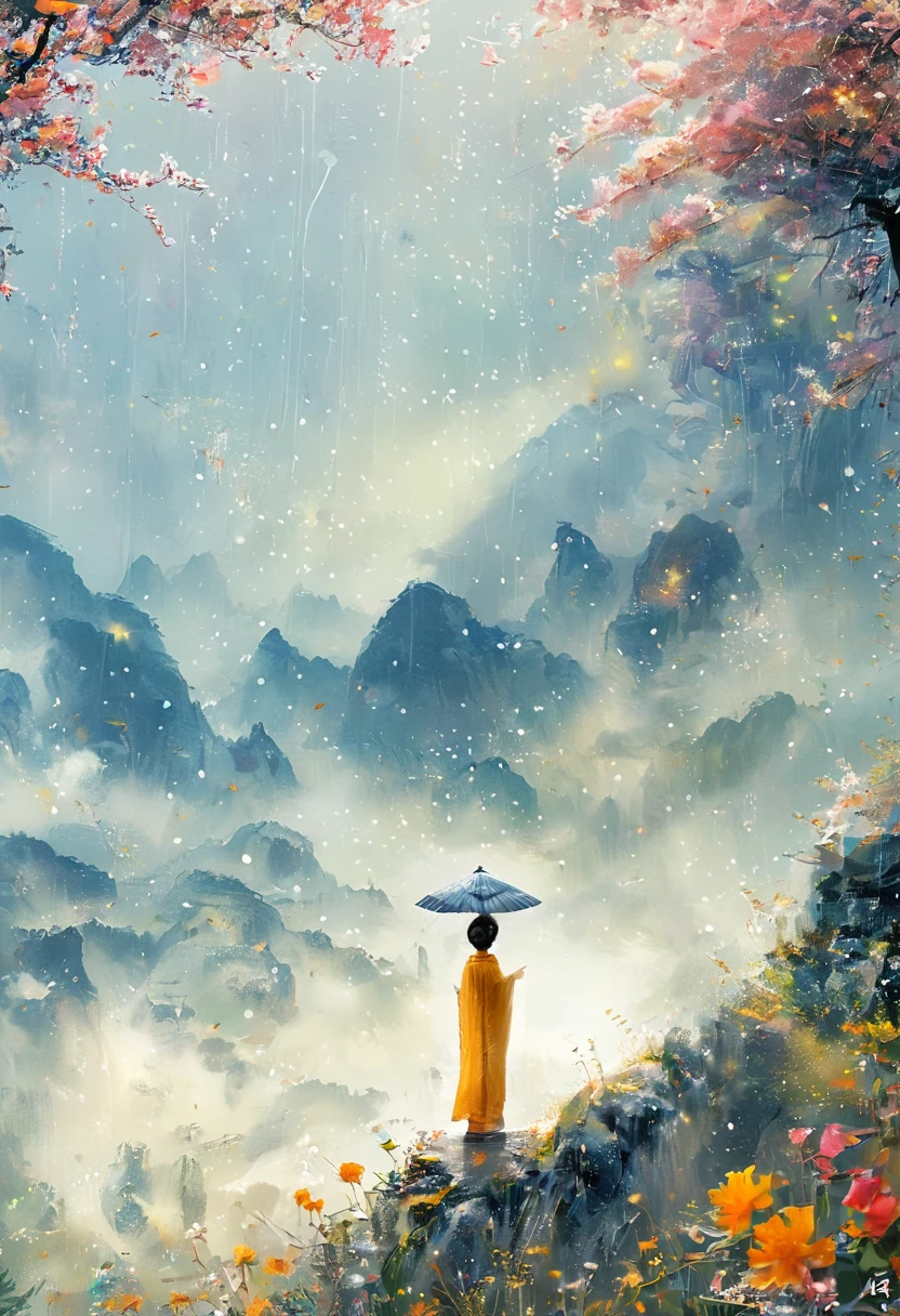 Cai GuoRUN's illustration style, 1girl，A woman in a long skirt stands on a cliff and looks up at the starry sky，Goddess of space，Milky Way Goddess，Goddess of Heaven，Astral Ethereal，dream，Beautiful celestial wizard，Beautiful fantasy painting，Beautiful fantasy art，Ethereal fantasy，非常Beautiful fantasy art，Digital Art Fantasy，enchanting and otherworldly，Fantasy Beauty，The beautiful art of Octane UHD 8K rendering，Volumetric Light，Natural soft light，(Ultra-delicate:1.2，Loss of focus:1.2，Colorful，Movie Lighting，Chiaroscuro，Ray Tracing)，masterpiece，Super rich，Ultra Detailed，8k, 1cgrssh1