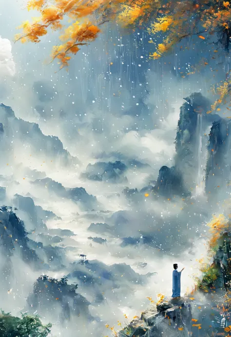 Cai GuoRUN's illustration style, 1girl，A woman in a long skirt stands on a cliff and looks up at the starry sky，Goddess of space...
