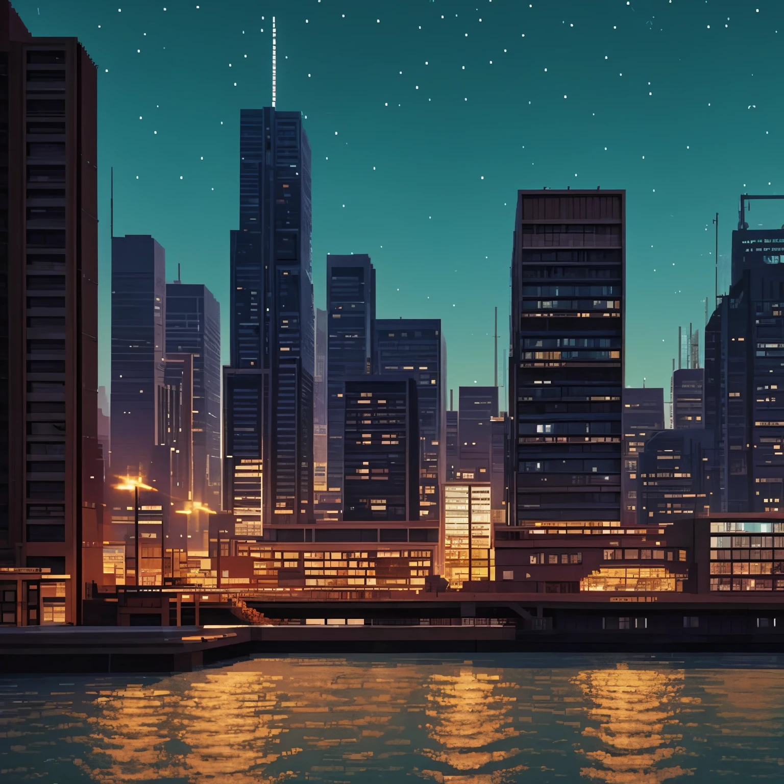 modern dense city skyline, multiple skyscrapers and office buildings, pixel world, night time