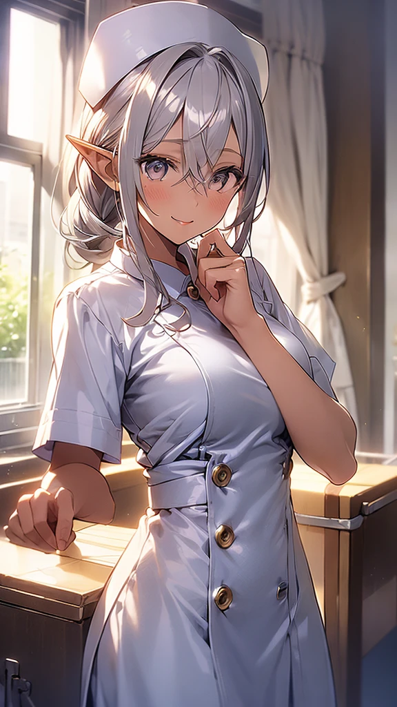 16k, (upper body depiction: 1.5)
, one elf girl, dark skin, golden color contacts, beautiful silver hair, nurse, white nurse uniform, hospital ,smile, lips open