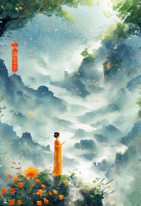 Cai GuoRUN's illustration style, 1girl, A woman in a long dress stands on a cliff and looks up at the starry sky, Goddess of spa...