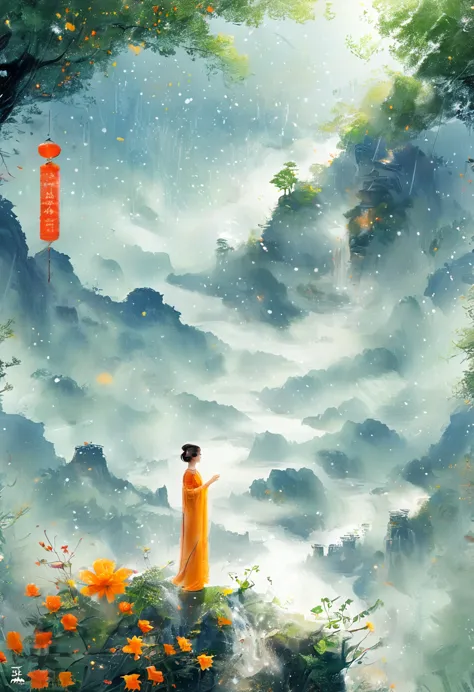 cai guorun's illustration style, 1girl, a woman in a long dress stands on a cliff and looks up at the starry sky, goddess of spa...