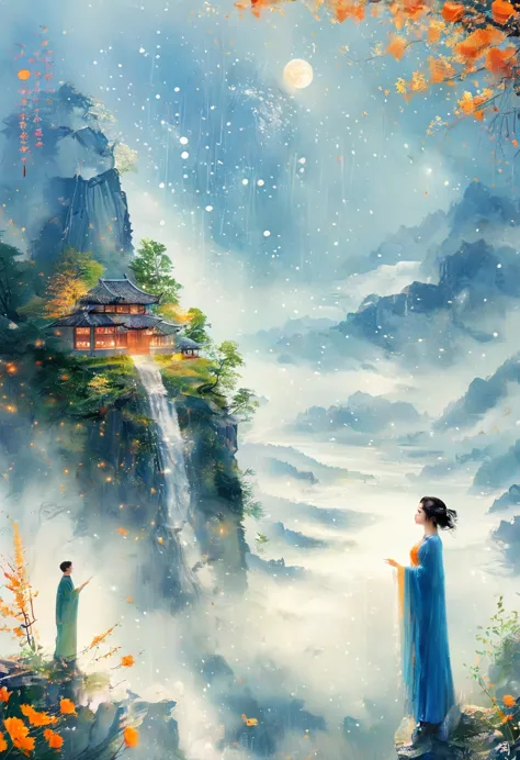 Cai GuoRUN's illustration style, 1girl, A woman in a long dress stands on a cliff and looks up at the starry sky, Goddess of spa...