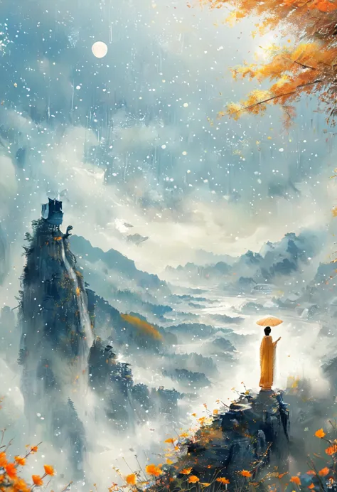 Cai GuoRUN's illustration style, 1girl, A woman in a long dress stands on a cliff and looks up at the starry sky, Goddess of spa...